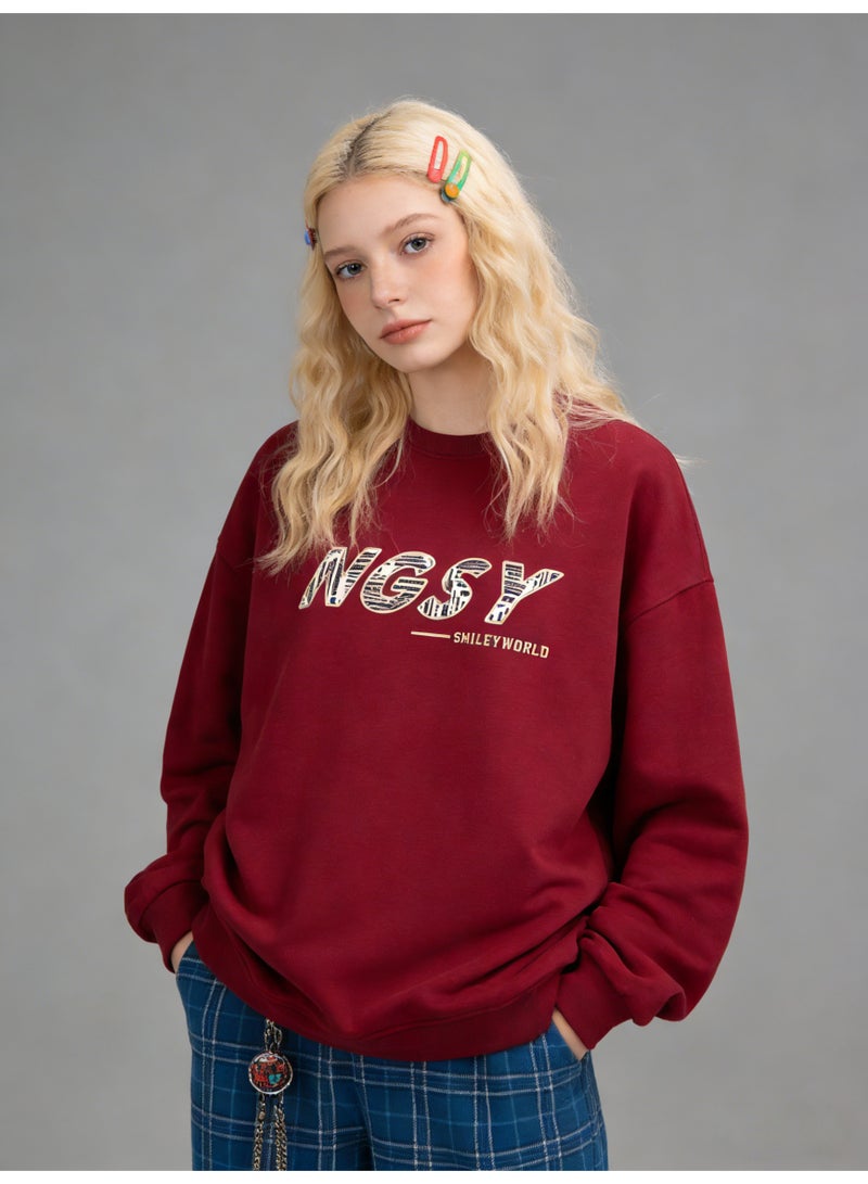 BM INS Burgundy "NGSY" Striped Letter Oversized Crew Neck Sweatshirt | Unisex Pullover With "SMILEY WORLD" Slogan - Image 2